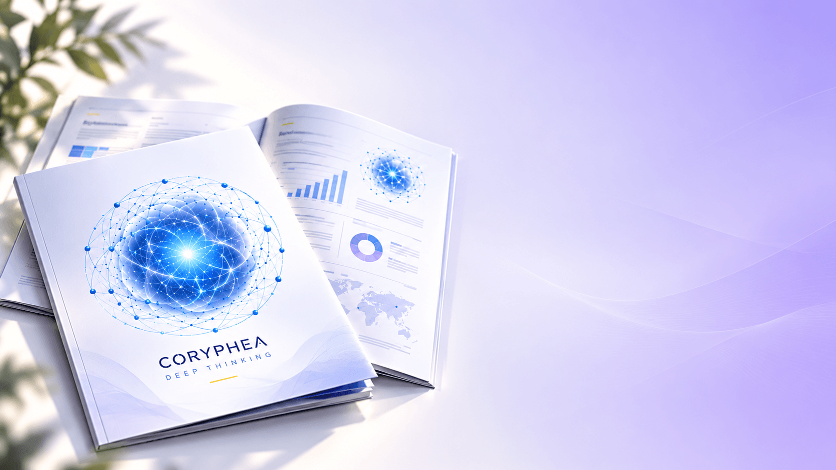 Dossier Coryphea imprimé — brochures Deep Thinking posées sur fond lavande